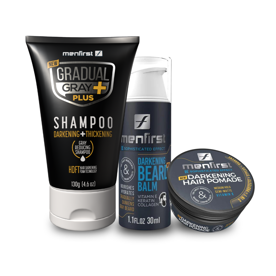 Menfirst - Ultimate Gray Coverage Kit - Gradual Gray PLUS Shampoo - Darkening & Thickening + Beard Balm + Pomade – Full Hair & Beard Coverage - 3 Pack Bundle