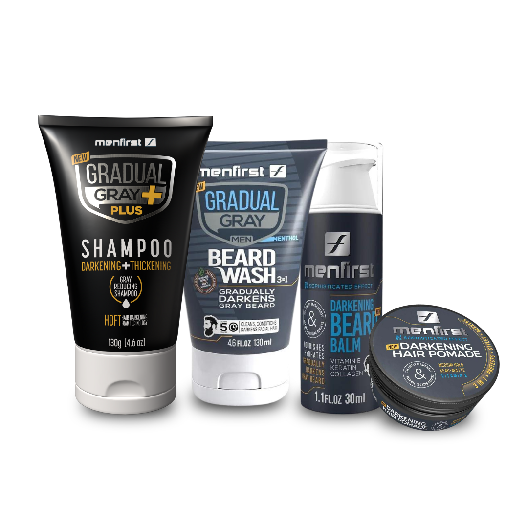 Menfirst - Ultimate Gray Coverage Kit - Gradual Gray PLUS Shampoo - Darkening & Thickening + Beard Wash + Beard Balm + Pomade – Full Hair & Beard Coverage - 4 Pack Bundle