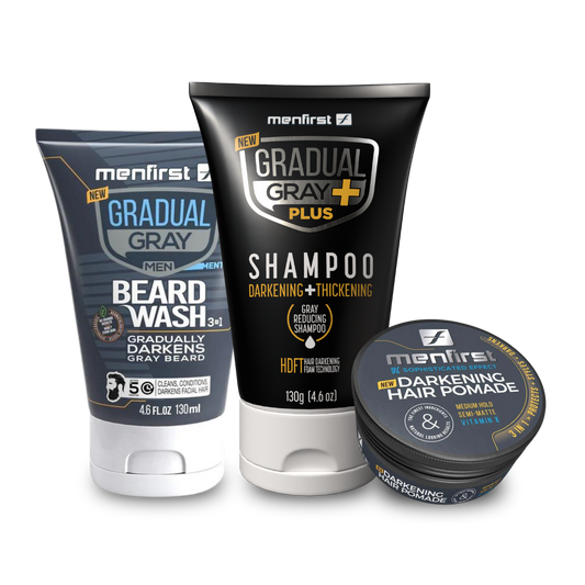Menfirst - Ultimate Gray Coverage Kit - Gradual Gray PLUS Shampoo - Darkening & Thickening + Beard Wash + Hair Pomade – Clean, Darken & Style Naturally