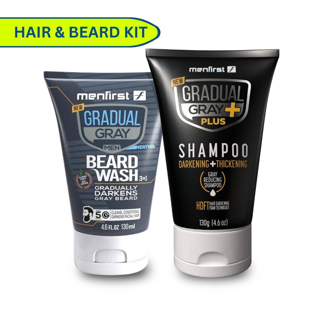 Menfirst - Ultimate Gray Coverage Kit - Gradual Gray PLUS Shampoo - Darkening & Thickening + Beard Wash – Full Hair & Beard Coverage - 2 Pack Bundle