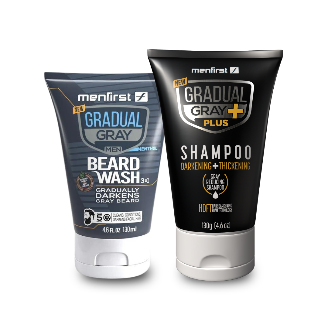 Menfirst - Ultimate Gray Coverage Kit - Gradual Gray PLUS Shampoo - Darkening & Thickening + Beard Wash – Full Hair & Beard Coverage - 2 Pack Bundle