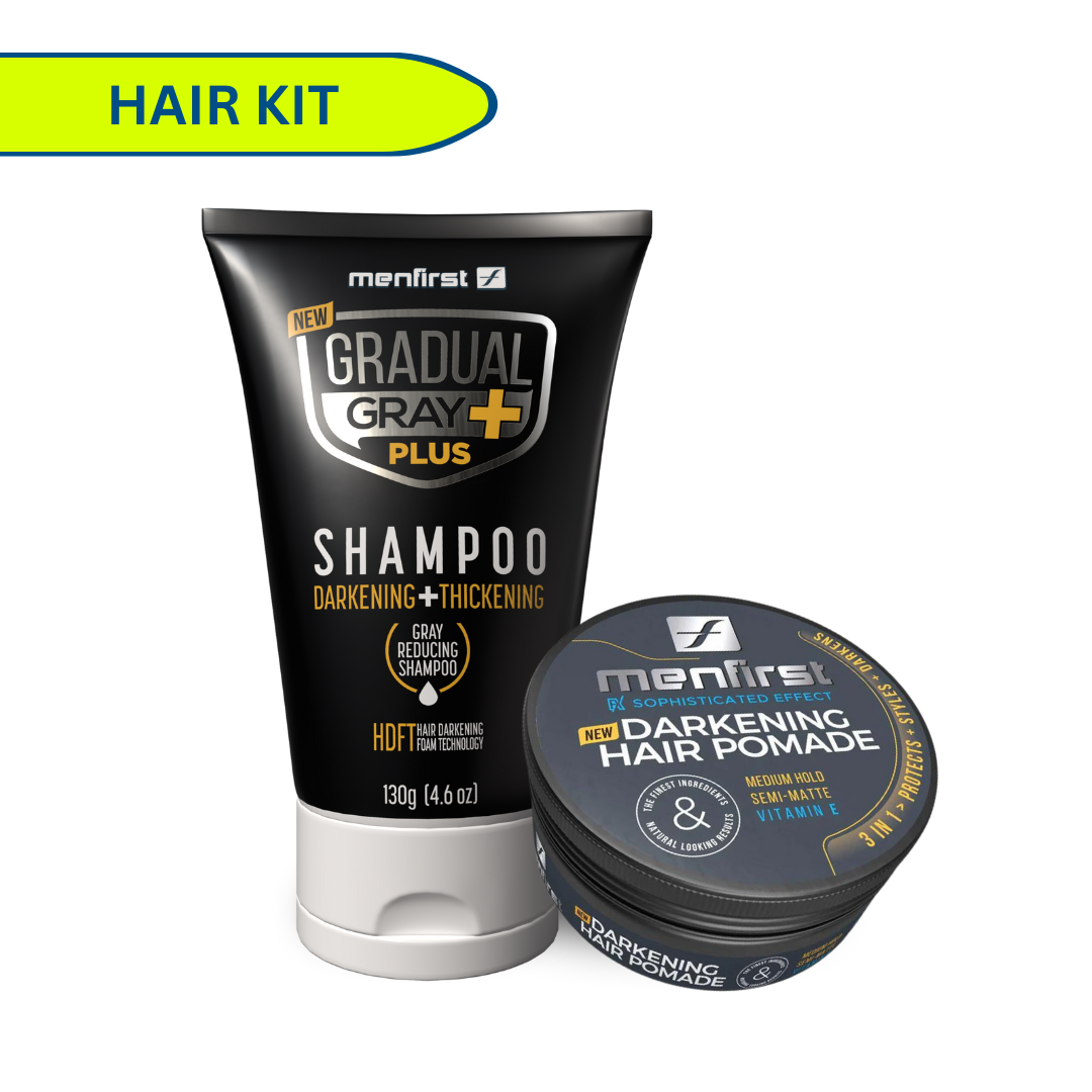 Menfirst - Ultimate Gray Coverage Kit - Gradual Gray PLUS Shampoo - Darkening & Thickening + Pomade – Full Hair and Beard Coverage - 2 Pack Bundle