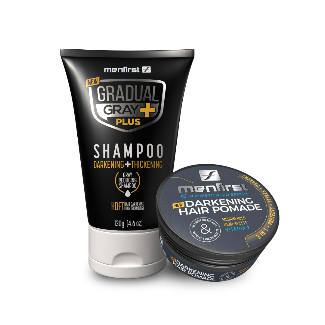 Menfirst - Ultimate Gray Coverage Kit - Gradual Gray PLUS Shampoo - Darkening & Thickening + Pomade – Full Hair and Beard Coverage - 2 Pack Bundle