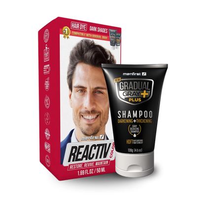 Menfirst - Gradual Gray PLUS Shampoo - Darkening + Thickening – 3x Faster Results + Reactiv Semi Permanent Dye - 2 Pack Bundle