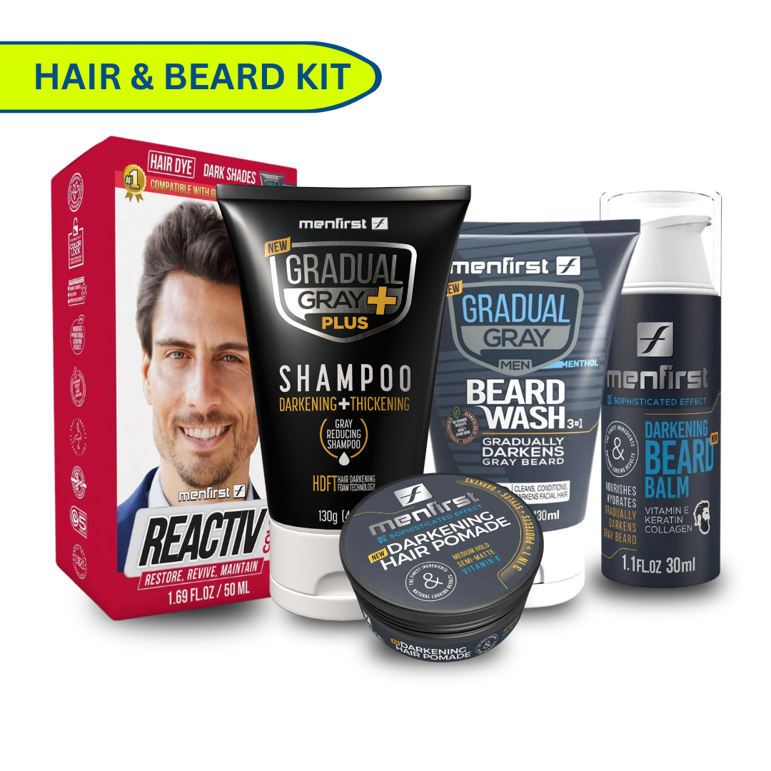 Menfirst - Ultimate Gray Coverage Kit - Gradual Gray PLUS Shampoo - Darkening & Thickening + Beard Wash + Beard Balm + Pomade + Reactiv – Full Hair & Beard Coverage - 5 Pack Bundle
