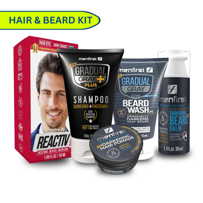 Menfirst - Ultimate Gray Coverage Kit - Gradual Gray PLUS Shampoo - Darkening & Thickening + Beard Wash + Beard Balm + Pomade + Reactiv – Full Hair & Beard Coverage - 5 Pack Bundle