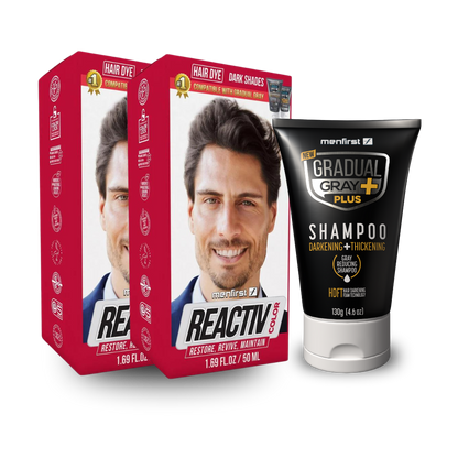 Menfirst - Ultimate Gray Coverage Kit - Gradual Gray PLUS Shampoo - Darkening & Thickening + Reactiv Hair Dye X2 – Fast & Long-Lasting Gray Coverage