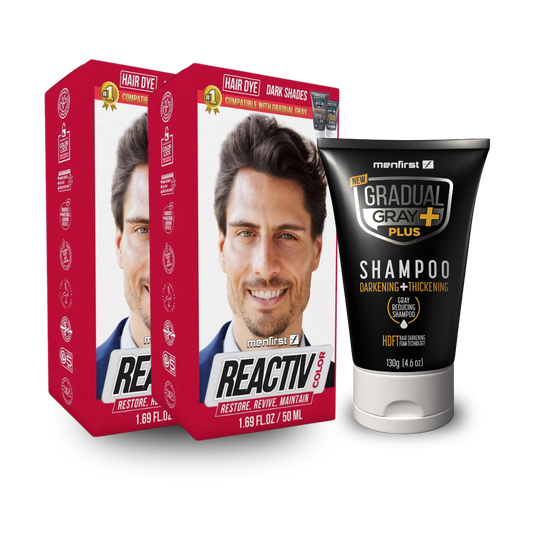 Menfirst - Ultimate Gray Coverage Kit - Gradual Gray PLUS Shampoo - Darkening & Thickening + Reactiv Hair Dye X2 – Fast & Long-Lasting Gray Coverage