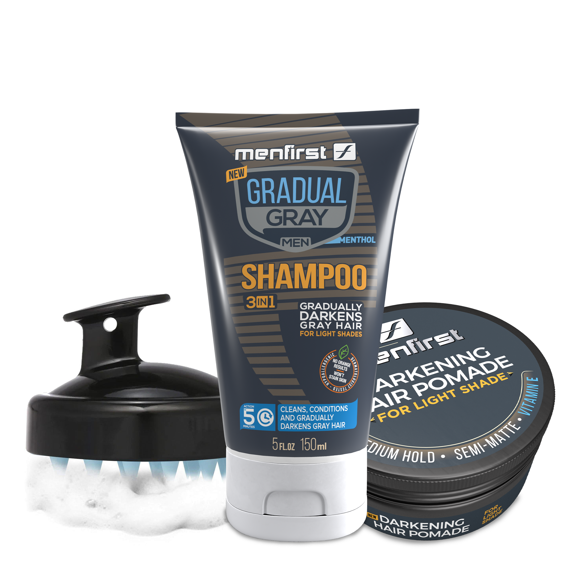 Menfirst Gradual Gray - Good bye Gray Hair- 3-in-1 Shampoo + Darkening Pomade &  Scalp Brush - 3 Pack Bundle