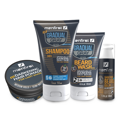 Menfirst Gradual Gray - No More Gray Plus Kit  - 3-in-1 Shampoo, Beard Wash, Beard Balm & Pomade - 4 Pack Bundle