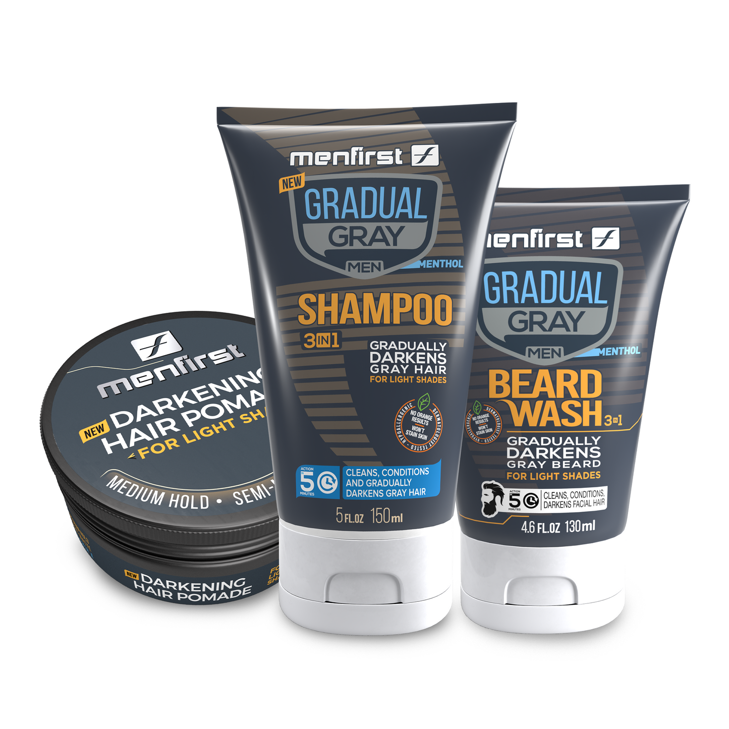 Menfirst Gradual Gray - Good Bye Gray Hair- 3-in-1 Shampoo + Beard Wash & Darkening Pomade - 3 Pack Bundle