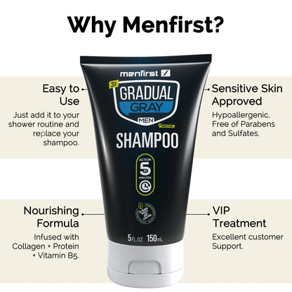 Menfirst Gradual Gray - Good bye Gray Hair- Reactive, 3-in-1 Shampoo, Beard Wash, Beard Balm, Pomade - 5 Pack Bundle