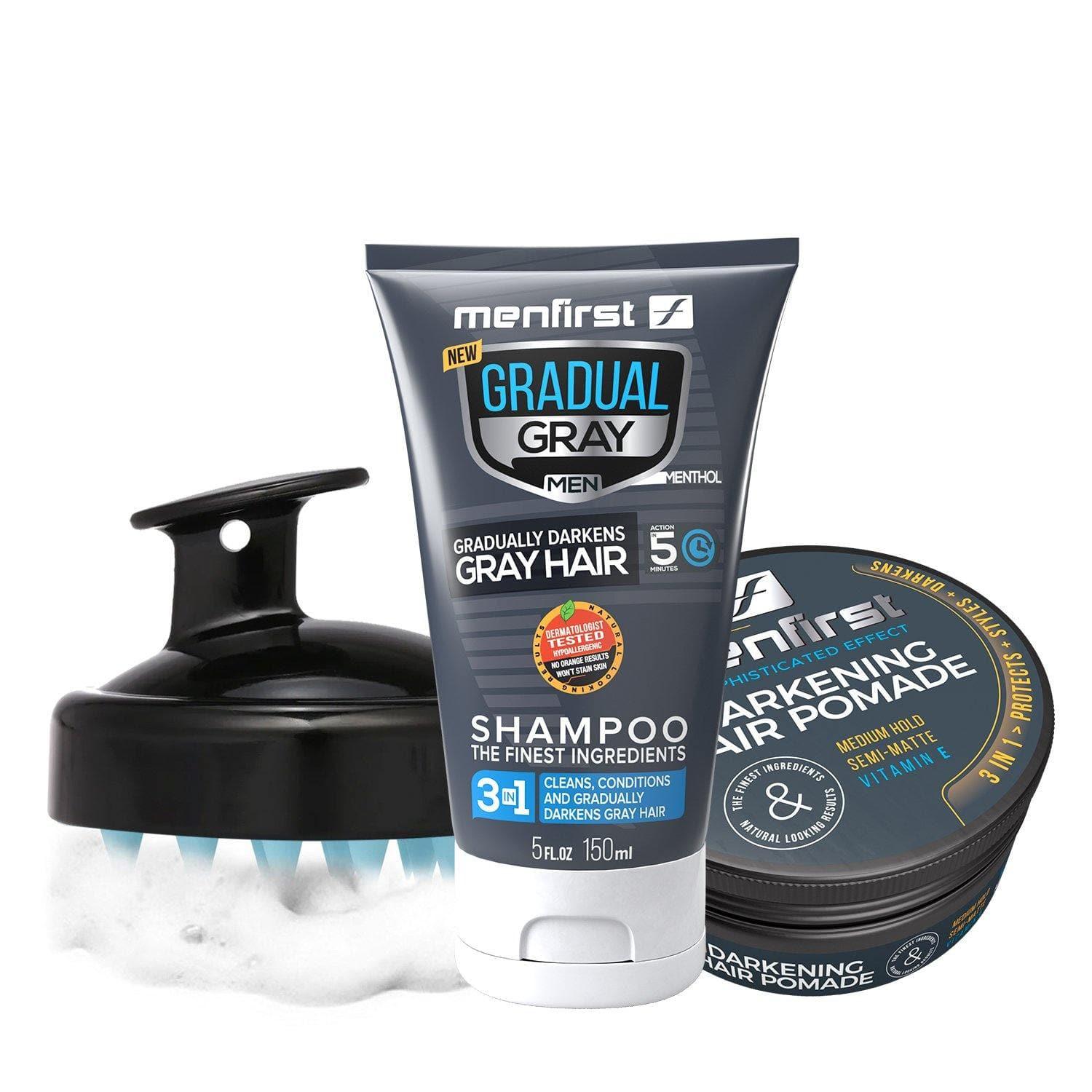 Kit Gradual Gray 3-1 Shampoo + Shampoo Brush Soft + Darkening Hair Pomade - Menfirst - Dye hair