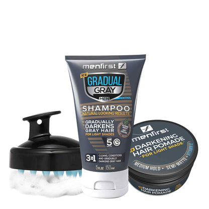 Kit Gradual Gray 3-1 Shampoo + Shampoo Brush Soft + Darkening Hair Pomade - Menfirst - Dye hair